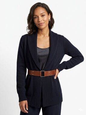Michael Kors Navy Blue Shawl Collar Belted Cardigan Sweater Medium - 637